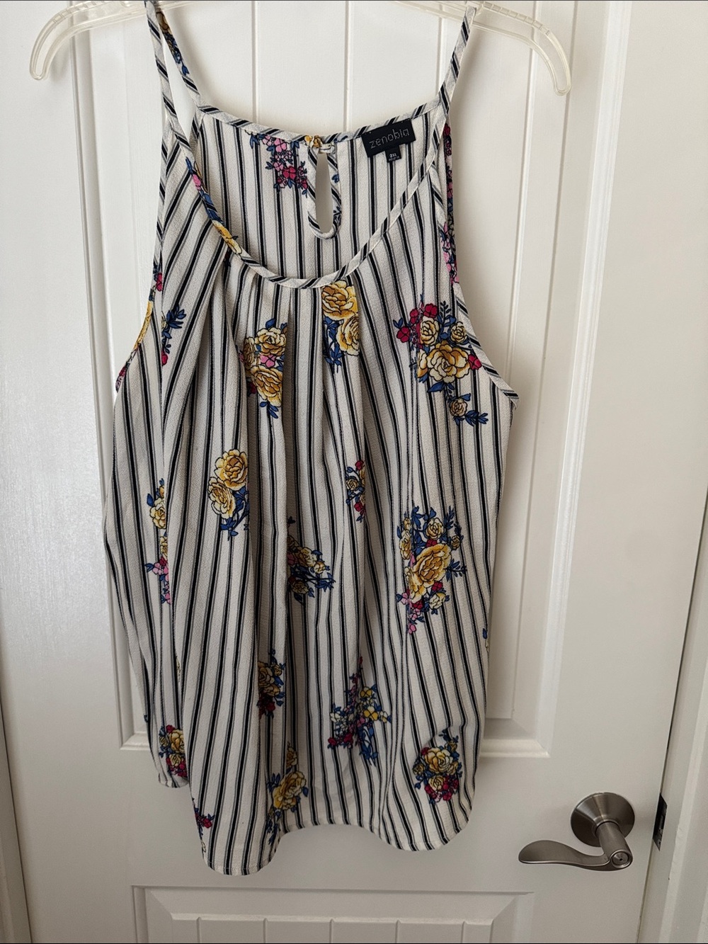 Zenobia White Striped Floral Strap Top  - Yellow & Blue Floral Print 3XL